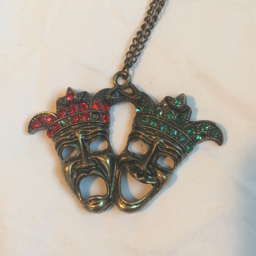 Comedy and Tragedy Theater Mask Necklace Bronze